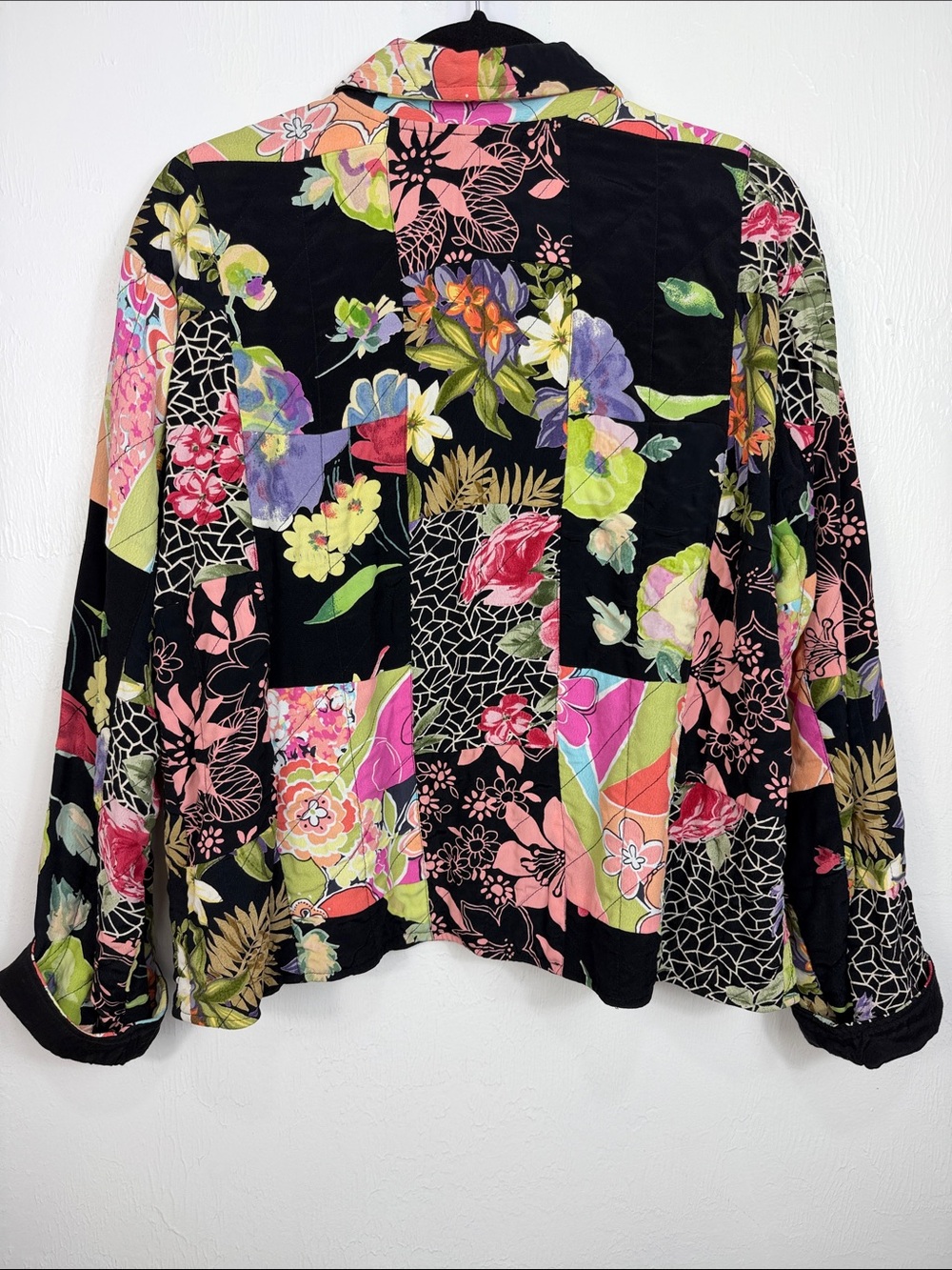 Casual Studio XL Rayon Patchwork Floral Black Button Front Jacket Shirt Vintage - Picture 4 of 8